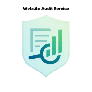 Illustration of a website audit report with magnifying glass and bar graph icon representing SEO analysis and performance metrics